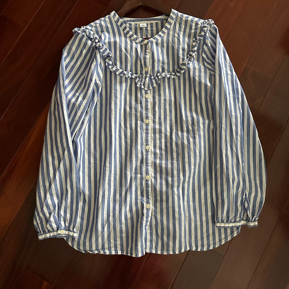 Old Navy Blue White Button Down Striped Ruffle Ladies Top EUC Size L EUC